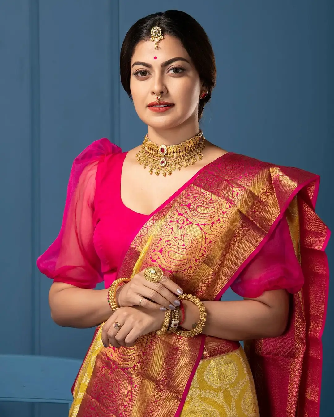 Indian Actress Anusree Nair in Yellow Color Saree Red Blouse